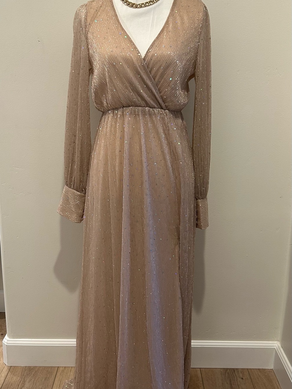 Sparkle Wrap-Front Maxi Dress in Champagne